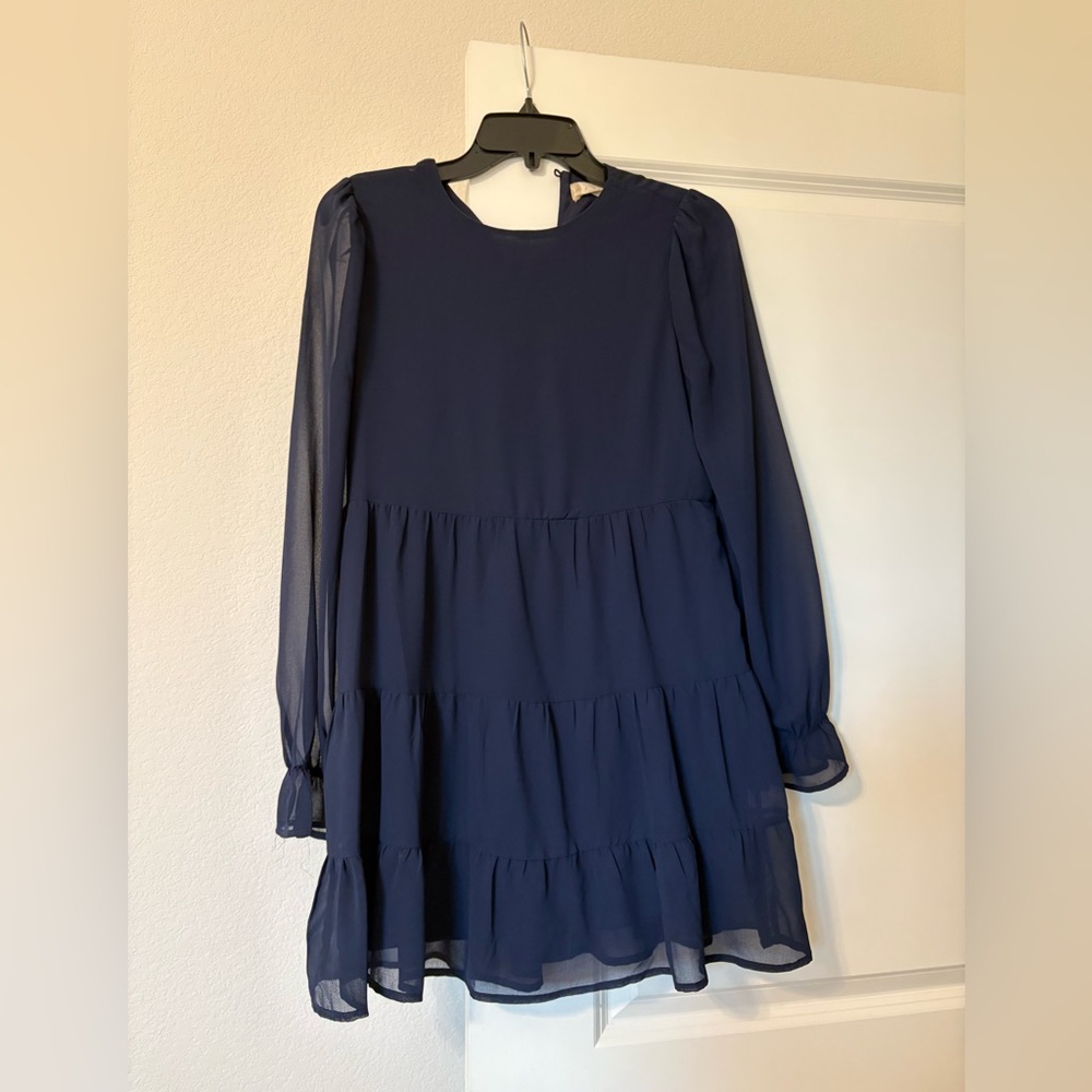Altar’d State Navy Blue Ruffled Long Sleeve Mini Dress XS